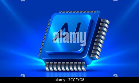 Brightly glowing AI computer chip. Technology concept. CPU processor. Computer microchip. Vector illustration Stock Vector