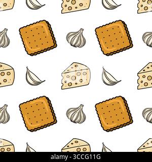 Seamless vector pattern featuring hand-drawn illustrations of crackers, cheese wedges, and garlic cloves, creating a playful yet appetizing design. Stock Vector