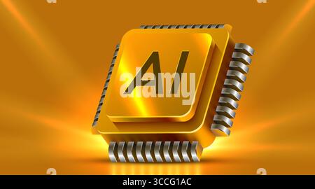 Brightly glowing AI computer chip. Technology concept. CPU processor. Computer microchip. Vector illustration Stock Vector
