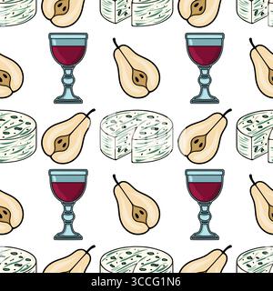 Seamless vector pattern featuring hand-drawn illustrations of gorgonzola cheese, ripe pears, and glasses of red wine, creating a sophisticated and app Stock Vector