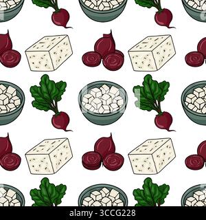 Seamless vector pattern featuring hand-drawn illustrations of feta cheese, beetroot, and beet greens, arranged in a playful, repeating design. Stock Vector