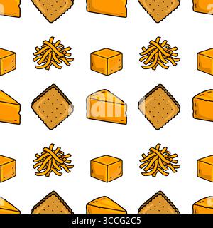 Delightful vector seamless pattern featuring hand-drawn illustrations of cheese cubes, cheddar slices, crispy crackers, and shredded cheese, creating Stock Vector