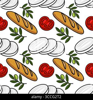 Seamless vector pattern of hand-drawn baguette, mozzarella slices, tomato halves, and olive branches, creating a vibrant Mediterranean food illustrati Stock Vector