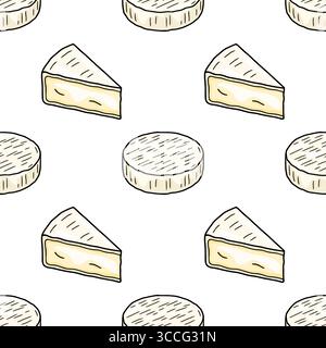 Seamless vector pattern featuring hand-drawn illustrations of Brie cheese, showcasing both whole rounds and triangular slices in a delightful, repeati Stock Vector