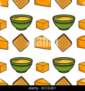 Seamless vector pattern of hand-drawn cheese cubes, crackers, and bowls of cheese sauce, featuring a cheerful, cartoonish style with vibrant orange an Stock Vector