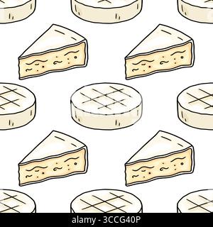 Delightful vector seamless pattern featuring hand-drawn illustrations of Camembert cheese in whole and sliced forms, showcasing a charming, creamy pal Stock Vector
