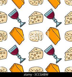 Seamless vector pattern featuring hand-drawn illustrations of various cheese types, including cheddar, Maasdam, and round cheeses, alongside glasses o Stock Vector
