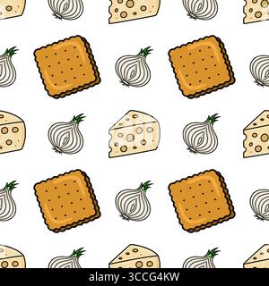 Seamless vector pattern featuring hand-drawn illustrations of crackers, cheese wedges, and onions, creating a playful and appetizing design ideal for Stock Vector