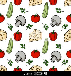 Seamless vector pattern of hand-drawn pizza ingredients: cheese, zucchini, tomatoes, mushrooms, and parsley, playfully scattered on a white background Stock Vector