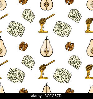 Seamless vector pattern featuring hand-drawn illustrations of blue cheese, honey dipper, pears, and walnuts, creating a delicious and visually appeali Stock Vector
