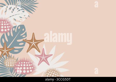 Tropical pattern template, exotic leaves, monstera and palm leaf, marine animals starfish and sea urchin. Vector illustration sand background Stock Vector