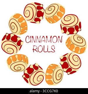 Flat style cinnamon rolls frame with inscription in flat stye. Hand drawn autumn vector illustration for fall themed banners and cards Stock Vector