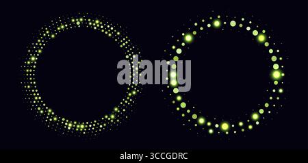 Green halftone frames, glowing circle borders, round pattern with dots, radial disco luxury design element. Stock Vector
