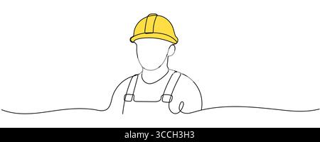 Single continuous line drawing of young construction worker. Building architecture business concept. One line draw design vector Editable stroke. Stock Vector