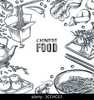 Vector frame with hand drawn sketch chinese food and ingredients. Perfect for asian restaurant menu, cafe banner, food packaging, label, poster, or tr Stock Vector