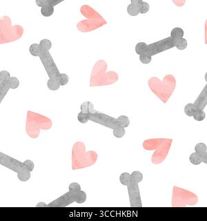 Bones and hearts seamless pattern. Vector watercolor pets illustration Stock Vector