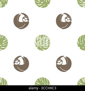 Polka dot print with cute sloth and tropical leaves. Seamless vector pattern Stock Vector