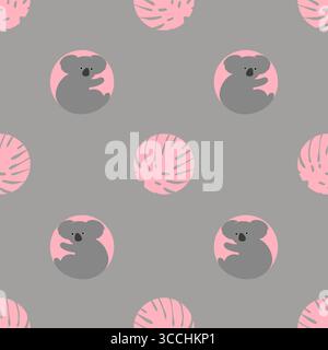Polka dot print with cute koala bears and tropical leaves. Seamless vector pattern Stock Vector