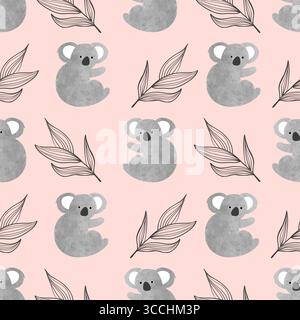 Seamless pattern with cute watercolor koala bears on pink. Vector childish background Stock Vector