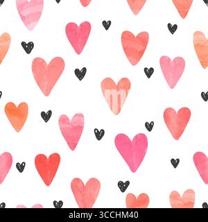 Doodle and watercolor hearts pattern. Valentines Day seamless background Stock Vector