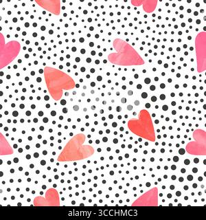 Watercolor hearts and dots pattern. Valentines Day seamless background Stock Vector