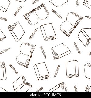 Back to school doodle seamless pattern with books and pencils. Vector education print Stock Vector
