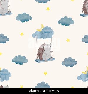 Cute hedgehog on swing seamless pattern. Vector watercolor illustration with cartoon hedgehogs, moon and stars. Baby shower design Stock Vector