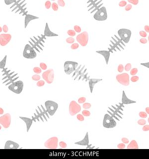 Fish bones and cats paws footprints seamless pattern. Vector watercolor illustration Stock Vector