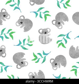Cute koala bears seamless pattern. Vector watercolor illustration Stock Vector
