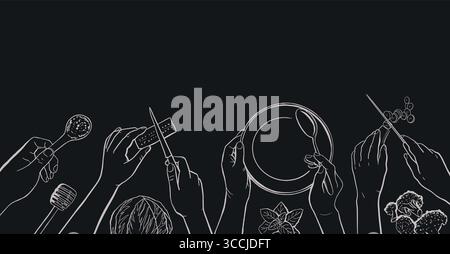 Hands cook food, blackboard hand drawn cooking classes template, top view. Cooking process human gestures illustration with dish preparation from food Stock Vector