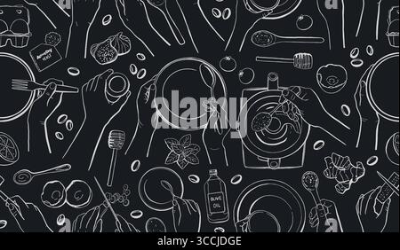 Blackboard cooking hands outlines seamless pattern with chef gestures. Chef hands holding kitchen items. Teapot, cup, knife, spoon, ladle, lid, whisk, Stock Vector