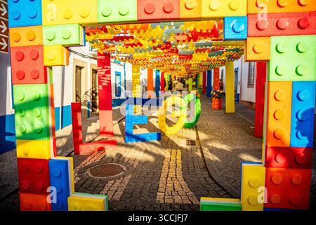 Construction with paper lego pieces of the paper flower festival organized by the town of Redondo-Évora-Portugal Stock Photo