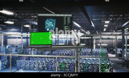 Mockup notebook in data center displaying neural network activity. Automated infrastructure green screen laptop workstation on industrial platform inside server hub showing AI machine learning scripts Stock Photo