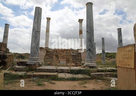 Rare blue veined marble columns in the Temple of Serapis at Leptis Magna which was built in the time of Marcus Aurelius Stock Photo