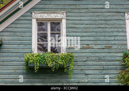 Charming vintage light green turquoise wooden cottage with ornate white window frame and blooming flower box. Rustic weathered house exterior perfect Stock Photo