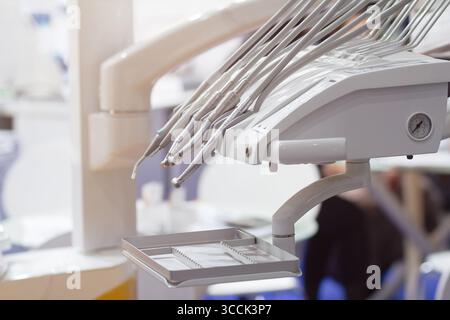 Different dental instruments and tools in a dentists office. Medicine Stock Photo