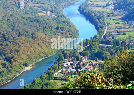 A picturesque view from above of the turquoise Drina River and the coastal village of Perucac in the Bajina Basta municipality in western Serbia Stock Photo