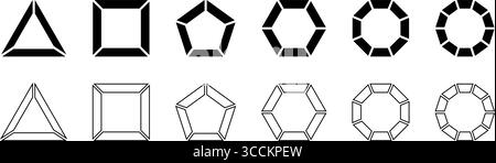 Geometric frames divided into equal parts isolated on white background. Triangle, square and pentagon, hexagon, octagon and decagon shapes with separated borders. Vector graphic illustration. Stock Vector