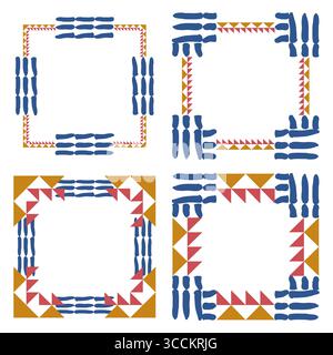 Decorative arrow frames. Tribal square layout. Blue finger shapes. Geometric red triangles. Stock Vector