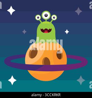Green alien on ringed planet. Vector Stock Vector
