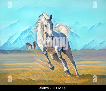 Grey dapple Quarterhorse mare runs in open grass pasture. Stylized digital photo art. Stock Photo