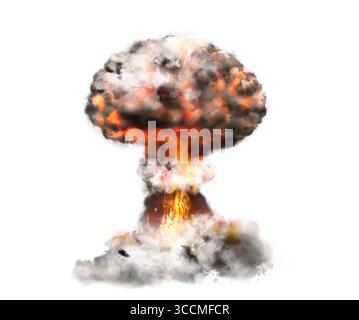 Explosion with fire and smoke on white background. Radioactive hazard Stock Photo