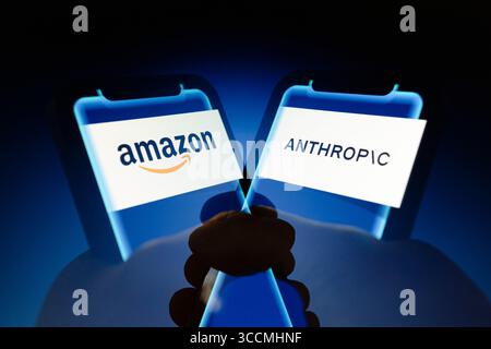 September 25, 2023, Asuncion, Paraguay: Amazon and Anthropic logos displayed on smartphone. Amazon on Monday said it will invest up to $4 billion in artificial intelligence firm Anthropic and take a minority ownership position in the company. (Credit Image: © Andre M. Chang/ZUMA Press Wire) Stock Photo
