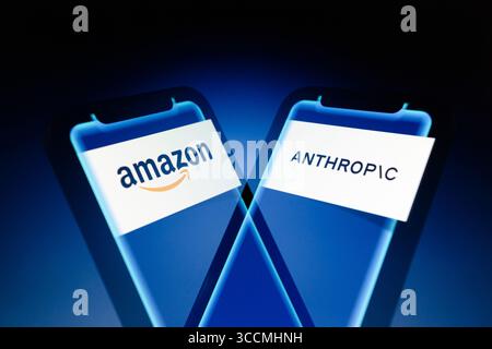 September 25, 2023, Asuncion, Paraguay: Amazon and Anthropic logos displayed on smartphone. Amazon on Monday said it will invest up to $4 billion in artificial intelligence firm Anthropic and take a minority ownership position in the company. (Credit Image: © Andre M. Chang/ZUMA Press Wire) Stock Photo