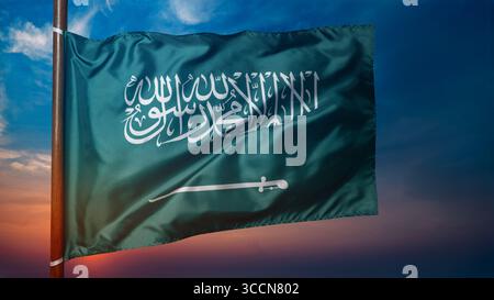 Saudi Arabia national flag waving with a sunrise scene background. Concept of Saudi Arabia National Day Stock Photo