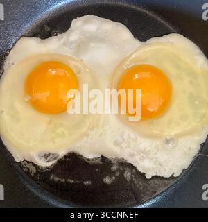 2 fried eggs stare up at the cook. Stock Photo
