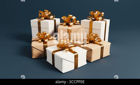 Minimalist Arrangement of Gift Boxes with Golden Ribbons on a Dark Background Stock Photo