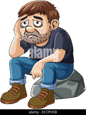 A cartoon man with a sad expression sits on a rock, wearing casual clothes and boots Stock Vector