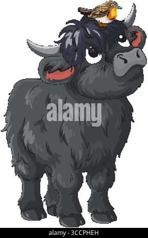 Cartoon-style Highland cow with shaggy black fur and a small bird perched on its head, rendered in bright, clean vector illustration Stock Vector