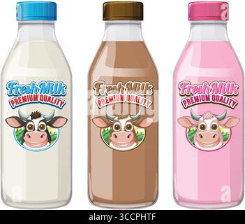 Vector illustration of three milk bottles in vanilla, chocolate, and strawberry flavors, each with colorful caps and cartoon cow branding, isolated on Stock Vector